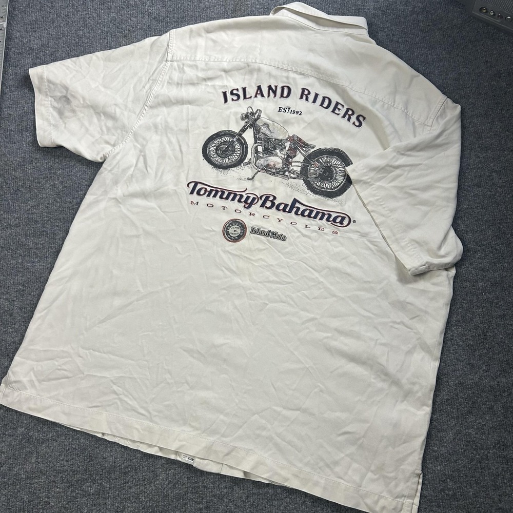 Tommy Bahama Shirt Mens L White Silk Island Riders Motorcycle Embroidered
